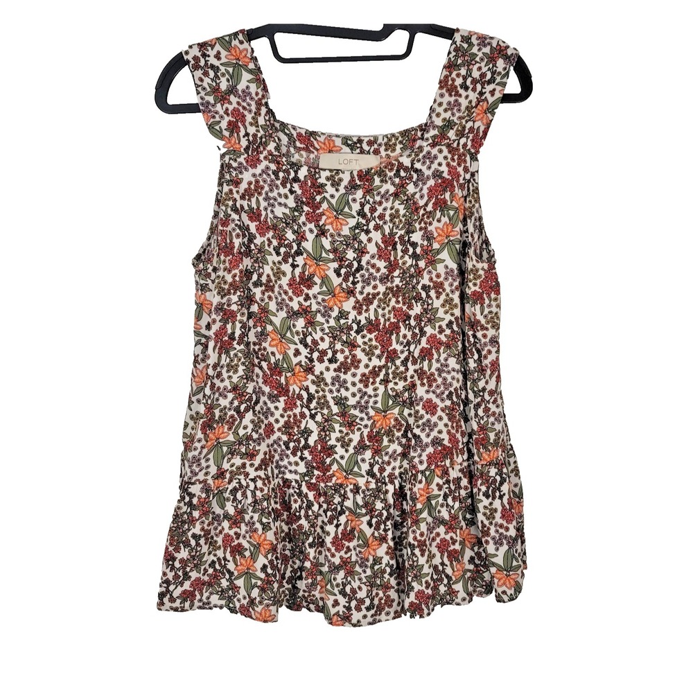 LOFT Tank Top Womens S Floral Print Ruffle Hem Sleeveless Summer Blouse Babydoll